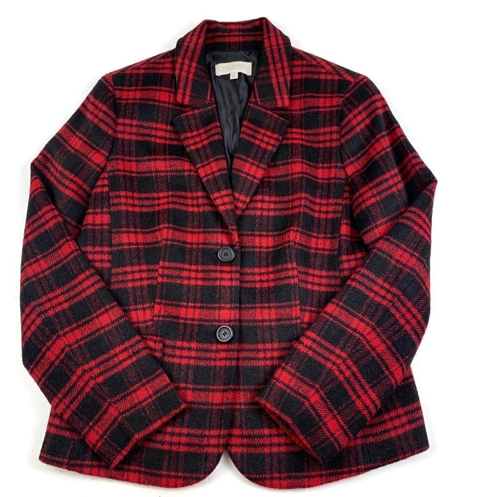 Talbots Wool Blend Red/Black Plaid Blazer Women's Size 10 Petite